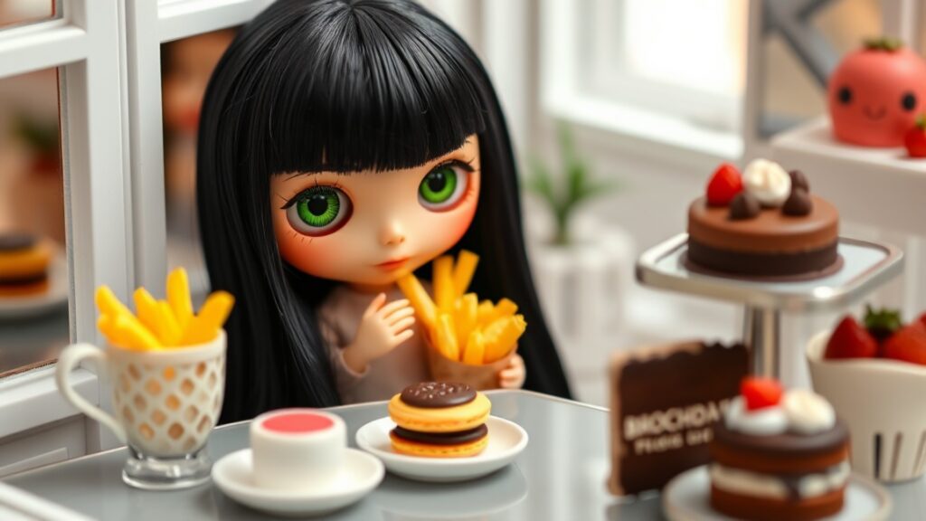 ケーキに囲まれているのにフライドポテトを食べる管理人の図