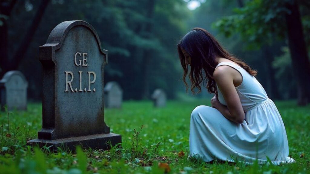 スターバックスのドリンクでお腹を壊した人が墓の前でうずくまっている