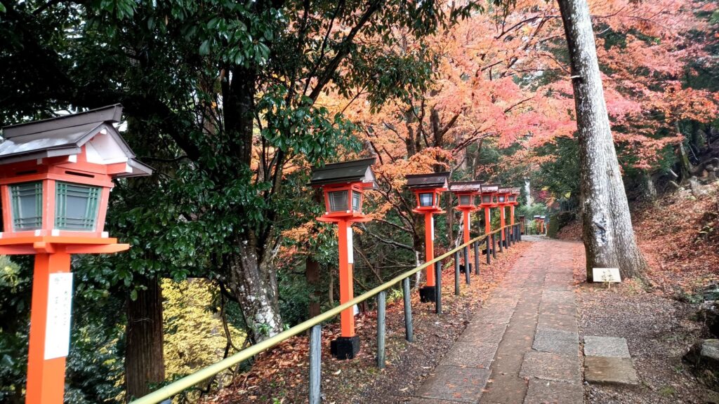 京都 鞍馬寺 多宝塔から本殿までの参道 紅葉と並ぶ赤灯篭