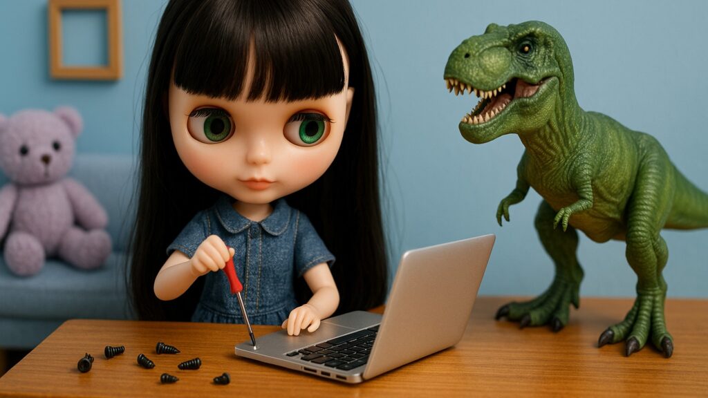 ネジザウルスとパソコンを直す女の子