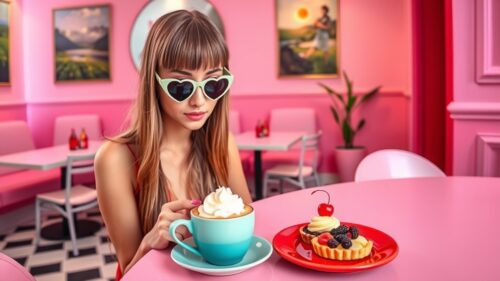 ピンク色のカフェでドリンクとタルトを食べる女性