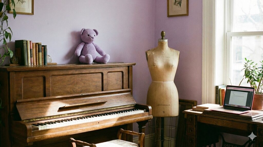 ピアノとノートパソコンとトルソーがある部屋