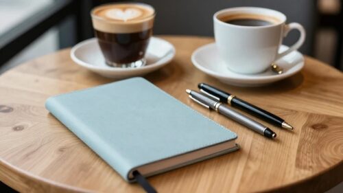 カフェのテーブルにペンとノートとコーヒーがある