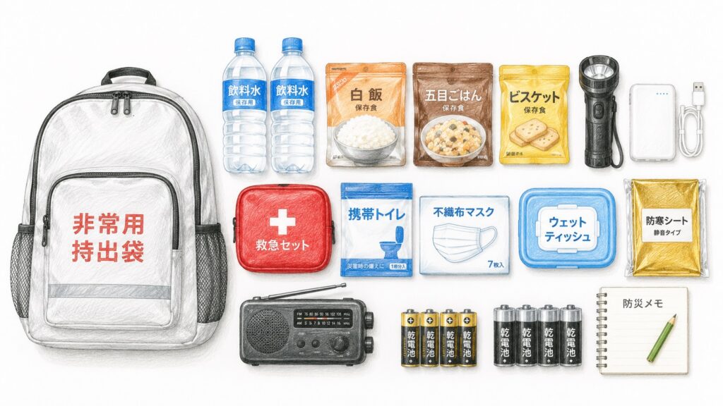 防災バッグの中身 イラスト