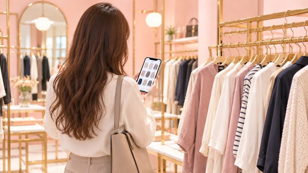 女性がお店の中でスマホを見ながら買い物をしている